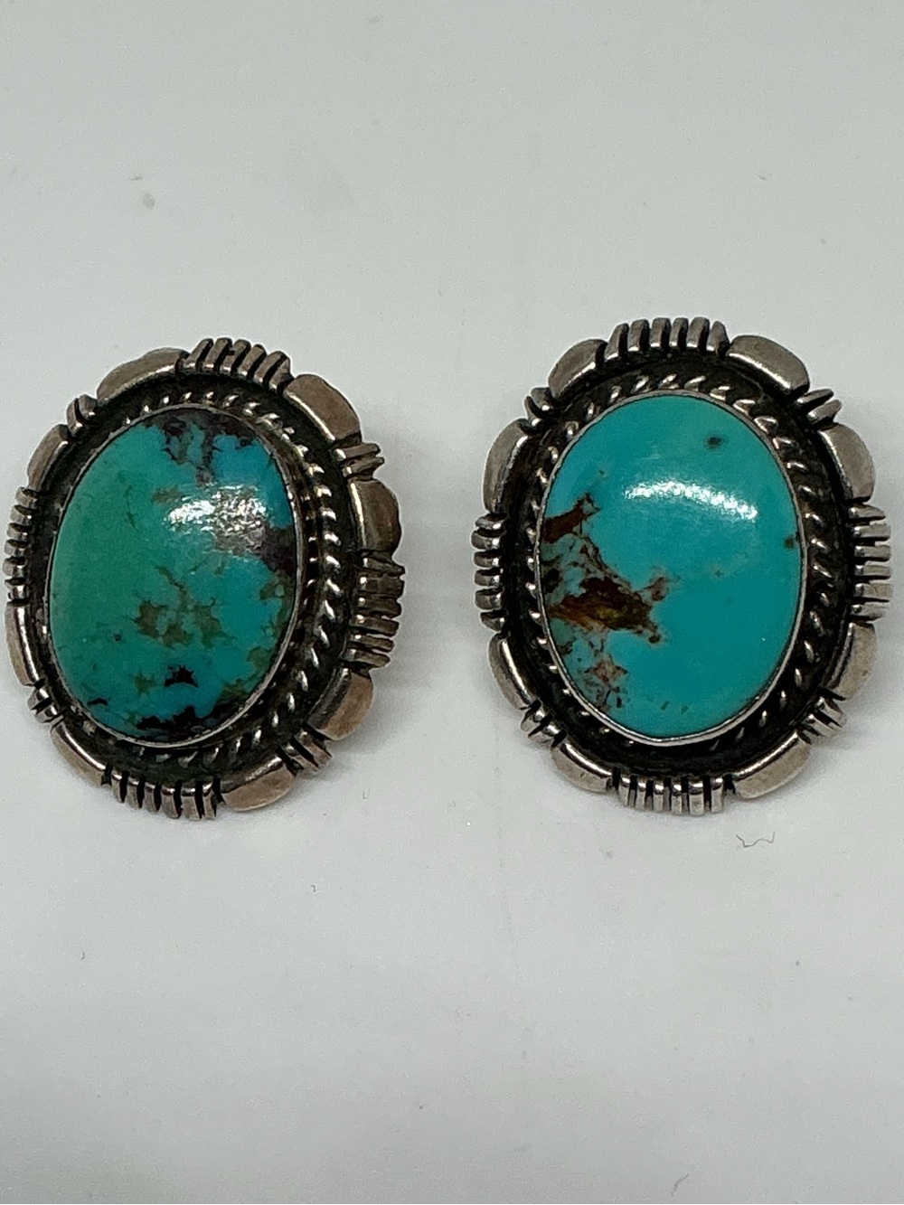 Vintage Southwestern Sterling Silver Turquoise Post Earrings, Oval Cabochons - Picture 5 of 7